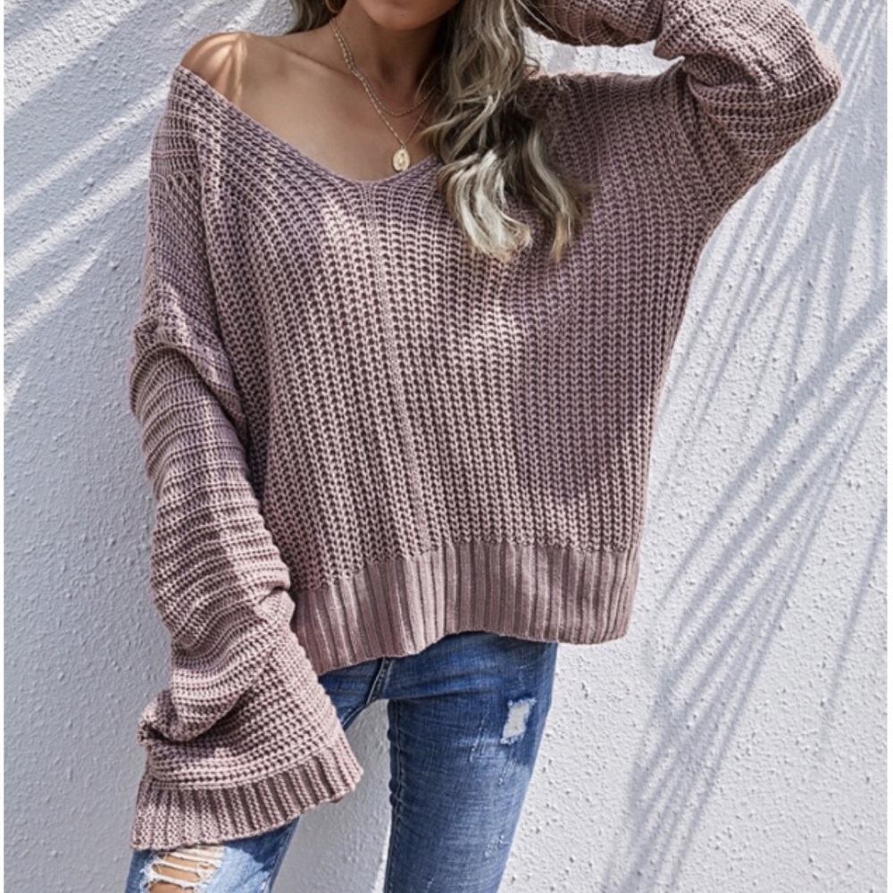 Dusty Pink Off Shoulder Oversized Knit Sweater - Picture 6 of 7